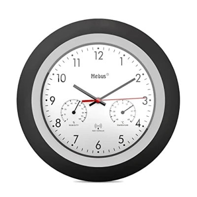 Imagen de Mebus Funk Wanduhr mit Thermometer und Hygrometer/Schwarzer Rahmen/weißes Zifferblatt / 29cm Durchmesser/Rund/Modell: 19449 Farbe: Schwarz, Weiß