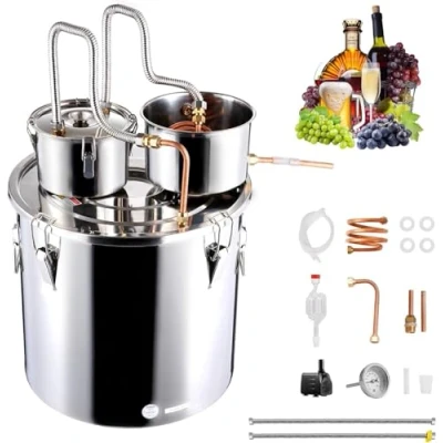 Imagen de VEVOR Destilador de Alcohol, Acero Inoxidable 11,4 L, con Bobina Cobre para Enfriamiento Rápido, Kit Condensador Doble Destilación Secundaria, Vino, Whisky, Plata