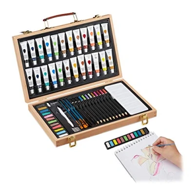 Imagen de Relaxdays Maletín Pinturas con Goma, Sacapuntas, Lápices y Lapiceros Color, Madera, 56 Piezas, Acuarelas, Marrón