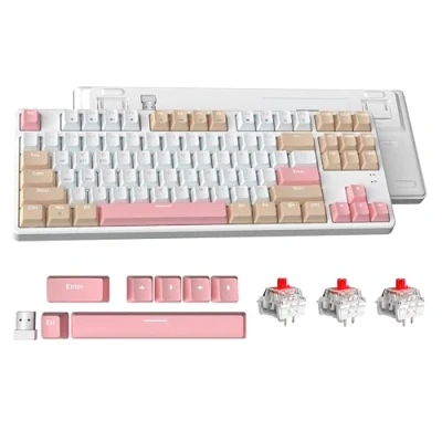 Imagen de ATTACK SHARK Teclado Mecánico Intercambiable AK871, de Juegos Compacto 87 Teclas QWERTY, Cubierta Magnética, Compatible con Bluetooth/2.4G, para Mac/Windows/Android Blanco Red Switches