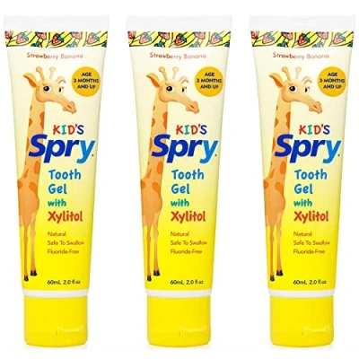 Imagen de Spry Xylitol Baby Toothpaste, Natural Toddler Fluoride Free Toothpaste for Kids, Kids Age 3 Months and Up, Tooth Gel Strawberry Banana 2 Fl Oz (Pack of 3)