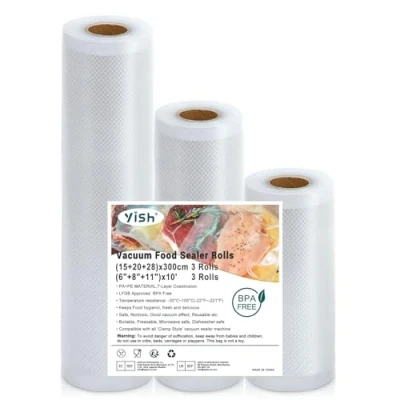 Imagen de YISH Rollos Envasadora al Vacio：3 Bolsas Vacio Alimentos 15/20/28x300cm, para Vacío e Sous Vide, Envasar sin BPA