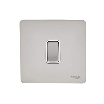 Imagen de Schneider Electric Ultimate Placa plana sin tornillos, interruptor de luz 2 vías, solo poste, 16AX, GU1412WPN, níquel perla con inserto blanco