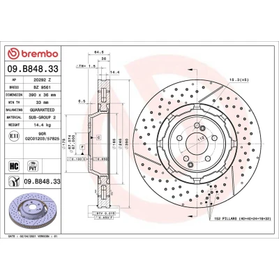 Imagen de BREMBO 09.B848.33 disco de freno 390 36 5 ventilación interna, ranurado/perforado, dos piezas revestido altamente carbonizado