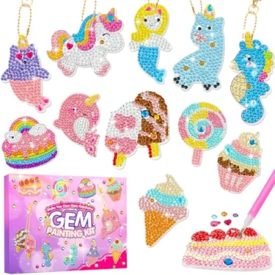 Imagen de Jovicos Manualidades para niñas 6, 7, 8, 9, 10, crea tus propios llaveros GEM, regalos de unicornio, 6 a 12 años, juguete pintura diamante 5D, juego creativo partir