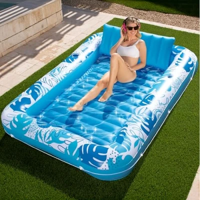 Imagen de Sloosh flotador inflable de bronceado para piscina, XL, 85 x 57 pulgadas, tina bronceada extragrande adultos, cama, balsa, azul