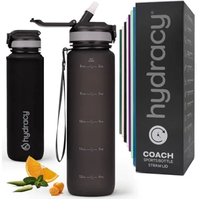 Imagen de Hydracy Botella de Agua con Pajita 1 L sin BPA Motivacional y Manga Sudor Gimnasio a Prueba Fugas Marcador Tiempo Deportes Aire Libre
