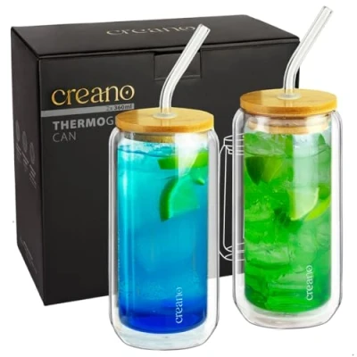 Imagen de Creano Vasos de doble pared con tapa bambú y pajita 360 ml Vaso para batidos Bubble Tea Copas cóctel Juego 2