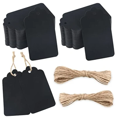 Imagen de jijAcraft Etiquetas Regalo de Papel Kraft 7x4cm, 100 Uds Artesanía + 20 Metros Cuerda Yute, para Boda Navidad Cumpleaños (Negro)