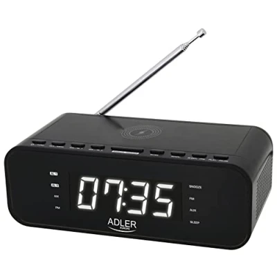 Imagen de ADLER AD 1192W radio despertador con cargador inalámbrico, Bluetooth 5.0, FM, 30 emisores, memoria, digital, entrada AUX, función de repetición, antena telescópica (blanco)