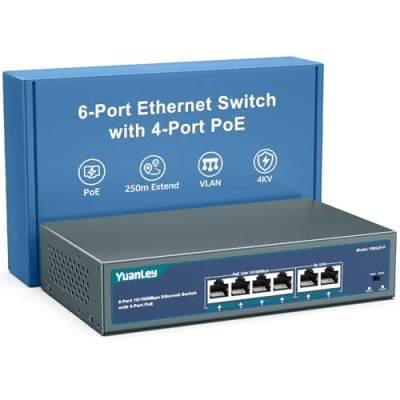 Imagen de YuanLey Switch PoE de 6 Puertos con 4 PoE+, 802.3af/at 78W Potencia Incorporada, Plug &amp; Play no Administrado Metal sin Ventilador