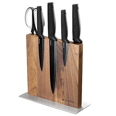 Imagen de Navaris Soporte magnético para cuchillos Bloque de doble lado madera genuina nogal cocina Base magnética antideslizante