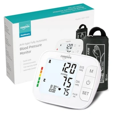 Imagen de EUROPAPA Monitor de presión arterial brazo superior para uso doméstico, medición pulso, con puño grande (22 42 cm), 2 x 60 recuerdos, doble usuario (Negro)