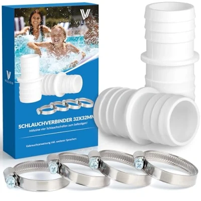 Imagen de 2 conectores de manguera con 4 abrazaderas para la piscina, en paquete unidades (32 mm x 32 mm, color blanco)