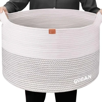 Imagen de GOCAN Cesta de manta extra grande cuerda algodón D55 X H35cm Cestas lavandería tejidas para mantas almacenamiento con asas XXXL (Beige)