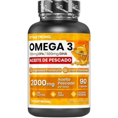 Imagen de Omega 3 Aceite de Pescado 2000mg 700mg EPA y 500mg DHA por porción Vitastrong Capsulas con Vitamina E Fish Oil Ácidos Grasos Alta Potencia Softgel Sin Retorno Sabor
