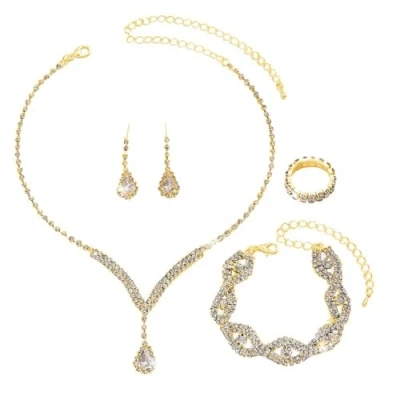 Imagen de FDEETY Juegos de Joyas Mujer Conjunto Joyería para Novia Diamantes Imitación Collar Pulsera Pendientes Anillos Juego Fiesta Boda（Oro）