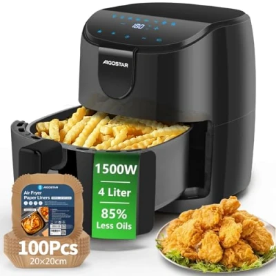 Imagen de Aigostar Freidora de Aire 4L Con Papel 100 Unidades, 8 programas, Temporizador 60 minutos, pantalla LED táctil, precalentamiento rápido, Recordatorio agitación, Libre BPA, 1500W