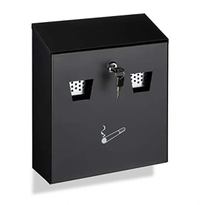 Imagen de Relaxdays Cenicero de Pared para Exterior, Resistente a la Intemperie, Llave y Material Montaje, Volumen 3L, Negro, Hierro, 30 x 26 10 cm