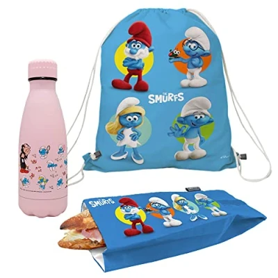 Imagen de NERTHUS FIH 1078 Set Mochila + Bolsa Bocadillo Botella Doble Pared 350 ml Pitufos