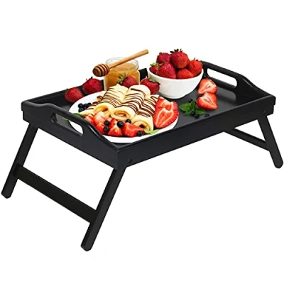 Imagen de Bandeja de Cama con Patas Plegables Asas, Comida para Desayuno, Mesa Comer en sofá, Dibujo, Platos bambú Servir Regazo