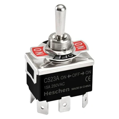 Imagen de Heschen Interruptor de palanca metal, C523A, DPDT, mantenido, encendido/apagado/encendido, 3 posiciones, 15 A, 250 VAC, terminal 6 pestañas, CE