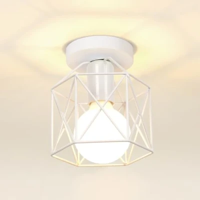 Imagen de iDEGU Lámpara de Techo Industrial Metal Diseño Jaula Hexágono Sencilla Iluminación E27 Colgante Vintage para Pasillo Dormitorio Salón Café Restaurante (15cm, Blanco)