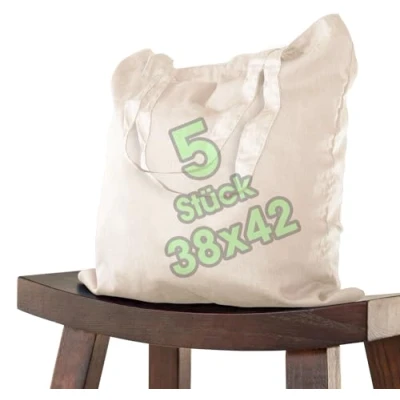Imagen de bolsa de algodón 38x42 cm 5 piezas sin imprimir, dos asas largas con certificación OEKO TEX® tela, transporte, algodón, compras, yute, Naturaleza