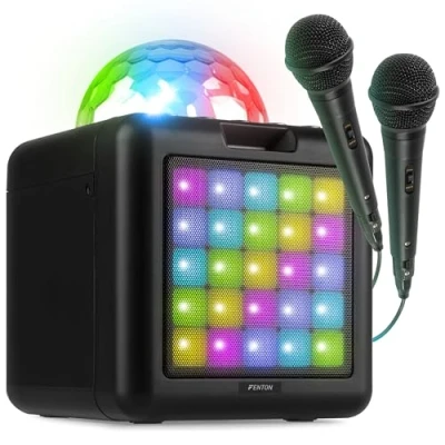 Imagen de Fenton KAR15B Conjunto de Karaoke con 2 micrófonos, batería Recargable, Bluetooth, Efectos luz LED y Entrada AUX Formato portátil Cable USB C, Ideal para Fiestas duetos Negro