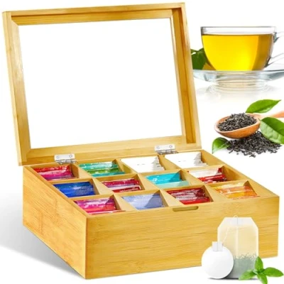Imagen de ZQEJEFD caja de té madera con 12 compartimentos y ventana, almacenamiento para bolsas té, madera, ajustables, cajas