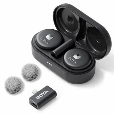 Imagen de BOYA Omic D micrófono inalámbrico para iPhone, de Solapa con Clip magnético cancelación Ruido Funda Carga inalámbrica y transmisión 164 pies iPhone
