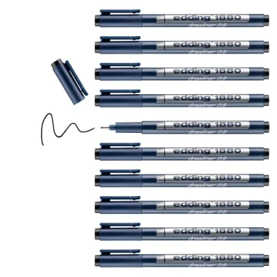 Imagen de edding 1880 rotulador calibrado negro x10 ancho de línea 0,8 mm para escritura precisa, esbozos y dibujo técnico punta fina con soporte metálico, adecuado usar reglas plantillas