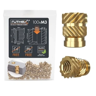 Imagen de ruthex Inserto roscado M3 100 casquillos roscados de latón RX M3x5.7 tuerca inserción para piezas plástico moleteada embutir en impresora 3D
