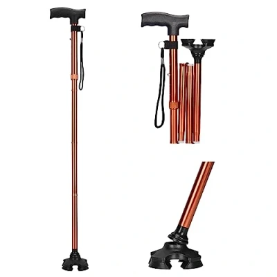 Imagen de supregear Baston Plegable, Bastón Antideslizante de 4 Patas, Ajustable en Altura 5 Niveles, Plegable con Empuñadura T y Correa Antipérdida