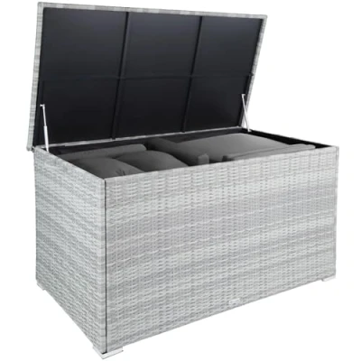 Imagen de TecTake Baúl de Almacenaje Exterior con 750 l Capacidad, Arcón Atemporal Poli ratán Resistente Forro Interior Extraíble, Cofre para Jardín o Terraza Gris Claro