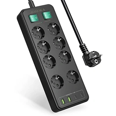 Imagen de Regletas Enchufes 8 Tomas USB C,Regleta con 2 Interruptores Individuales, Ladron Multiples Protección contra Sobrecargas Alargador Enchufe Montable Pared, Cable 1,5M Negro