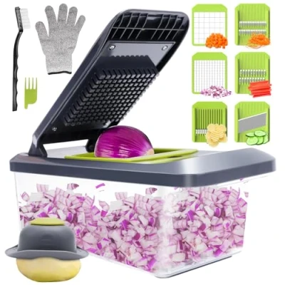 Imagen de Mandolina de Cocina Profesional Cortador Verdura Verduras Manual con 6 Cuchillas y Guantes Seguridad, Picador Verduras, Rallador para Patata, Pepinos, Tomates