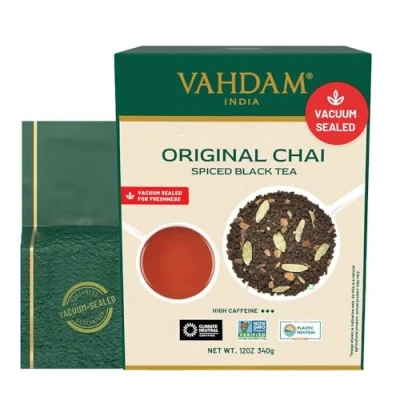 Imagen de VAHDAM, Té Masala Chai Suelto Original de la India (340g, 170+ tazas) Ingredientes puros negro Canela, Cardamomo, Clavo y Pimienta Negra Latte Caliente o Helado