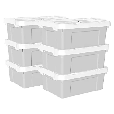 Imagen de Cetomo caja de almacenamiento plástico 15 L x 6, mano, contenedor organizador con tapa duradera y hebillas enganche seguras, apilable encajable, paquete gris hebilla