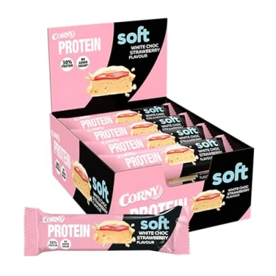 Imagen de Corny Protein Soft Barritas Proteicas Sabor Chocolate Blanco y Fresa, 30% Proteína, 0% Azúcares Añadidos, Ayuda al Desarrollo Recuperación de la Masa Muscular, Pack 12x45g, Taste the Power