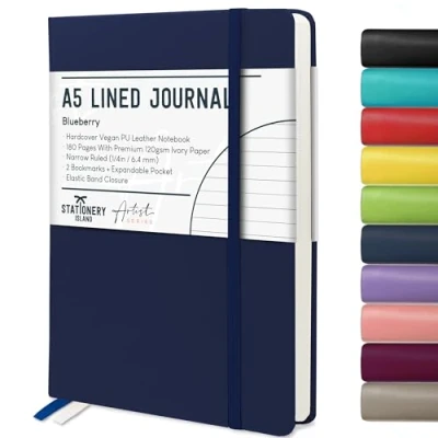 Imagen de Stationery Island Cuaderno Rayado A5, Tapa Dura con Forro de Libreta Papel Grueso Premium 120 g/m², 180 Páginas Rayas Para Escribir, Estudiar, Planificar, Azul oscuro