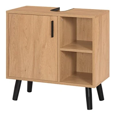 Imagen de EUGAD Mueble de Baño, Bajo Lavabo, Armario Suelo, Auxiliar, con Pie, 1 Puerta y 2 Estantes, MDF Roble Natural, 60x30x60,5 cm