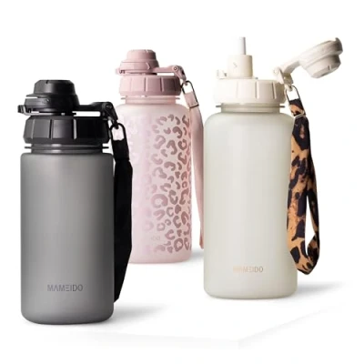 Imagen de MAMEIDO Botella 500ml con pajita y marcador de tiempo, Botellas agua a prueba fugas, niños sin BPA, gimnasio fabricada en Tritan, Water Bottle (Carbon Grey, 0,5l)