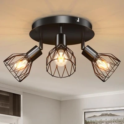 Imagen de Kimjo Lámpara de Techo con 3 Focos Led E14, Plafón Ajustable, Interior Techo, Apliques Negro, Lampara para Dormitorio Cocina, Max.40W Sin Bombilla