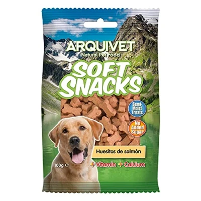 Imagen de Arquivet Soft Snacks para Perro Huesitos Salmón Pack 14 x 100 g Naturales Perros de Todas Las Razas Premios, recompensas, chuches