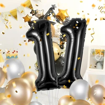 Imagen de Globos de 11 cumpleaños,Negro pulgadas Globo número, decoraciones número cumpleaños para hombre y mujer, inflable lámina Negro