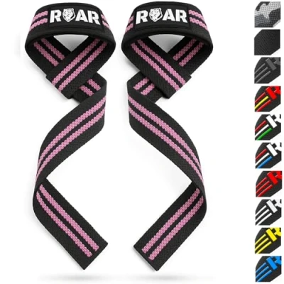 Imagen de Roar® Correas Levantamiento de Pesas Profesionales, Straps Powerlifting, Agarres para Gym, Agarraderas Gimnasio Peso Muerto, Crossfit Weight Lifting (Rosa)
