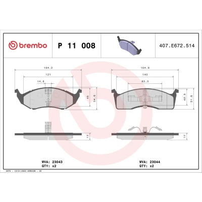Imagen de BREMBO P 11 008 Juego de pastillas freno excl. contacto avisador desgaste con clip émbolo sin accesorios