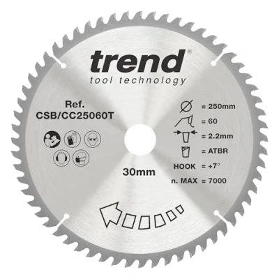 Imagen de Trend Hoja de sierra ingletadora ATBR inalámbrica madera, 250 mm diámetro, 30 60 dientes, TCT, corte 2,16 mm, gancho +7, CSB/CC25060T