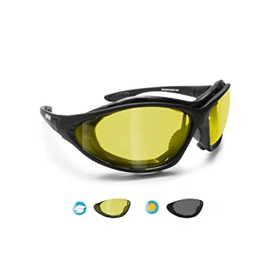 Imagen de BERTONI Gafas de Moto Lentes Fotocromaticas Polarizadas Patillas sustituibles con banda elastica mod. 333 Italy Negro Opaco Motoristas (Lentes Amarillas)